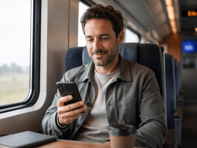 Mann in Bahn checkt Girokonto auf seinem Smartphone.