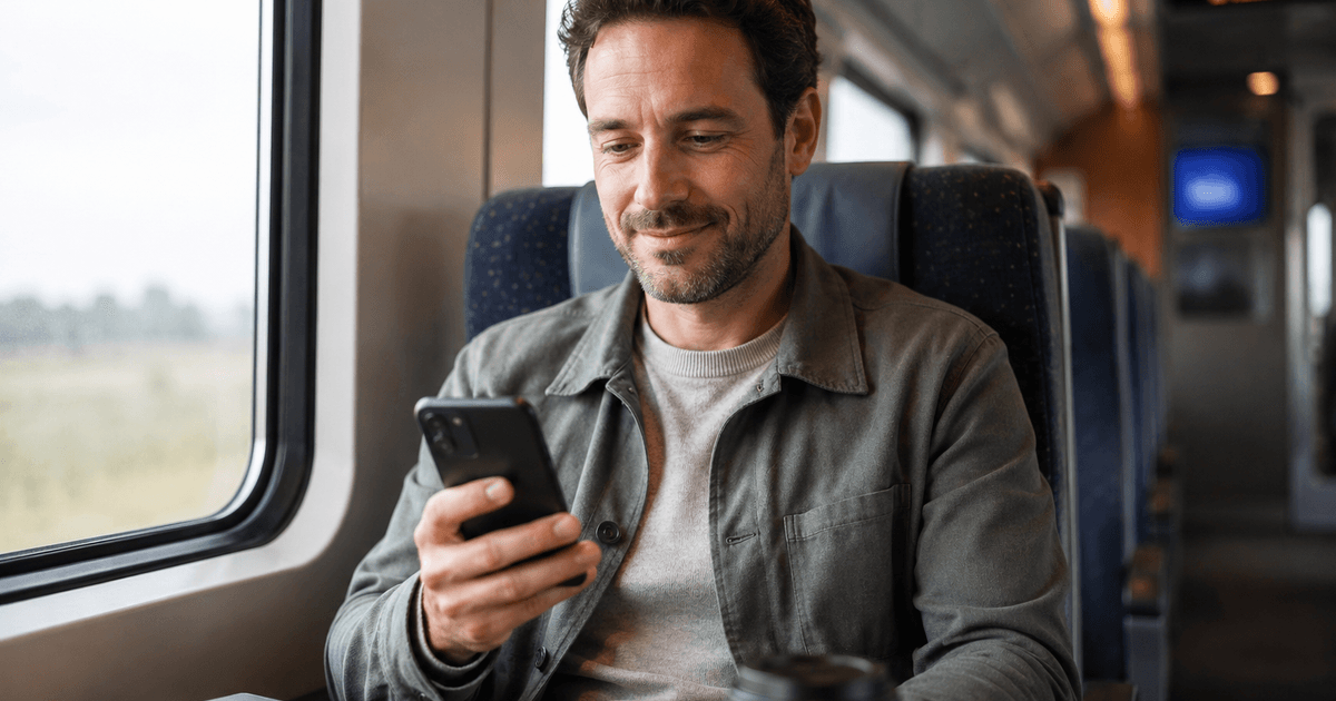 Mann in Bahn checkt Girokonto auf seinem Smartphone.